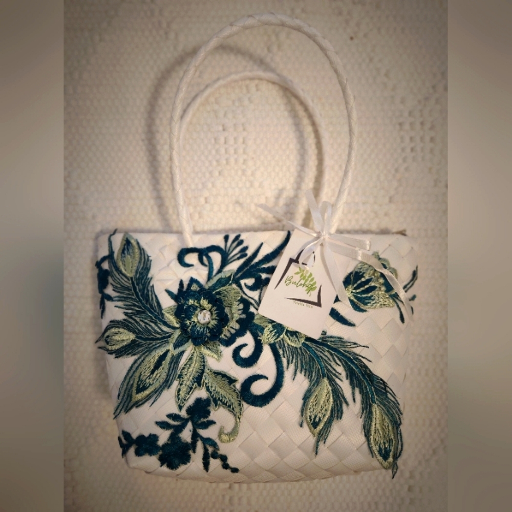 Floral Embroidered White and Green Tote Bag